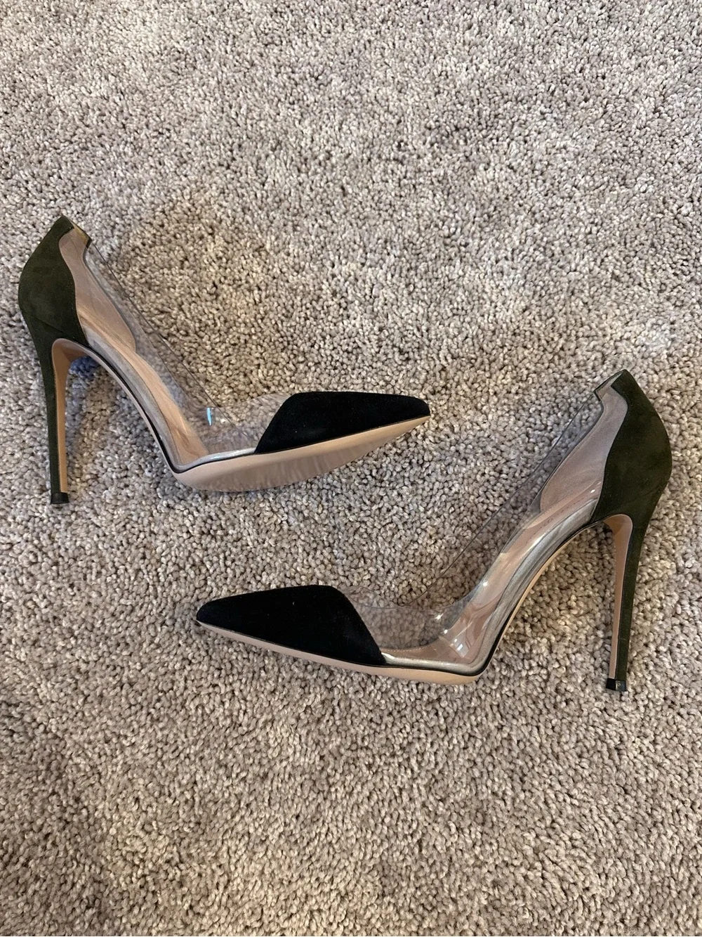 Gianvito Rossi Plexi Clear-Panel Stiletto Pump in Black and Olive Suede